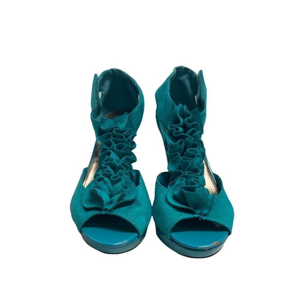 CATO Turquoise Ruffle Strap Hook & Loop Peep Toe Heels‎ Size 7